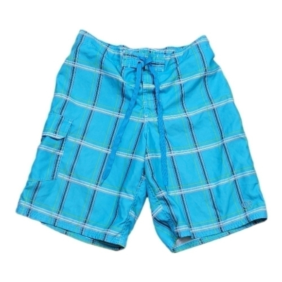 OP Men's teal/grey/lime green/white‎ plaid fully lined swim trunks size Medium - Picture 1 of 6